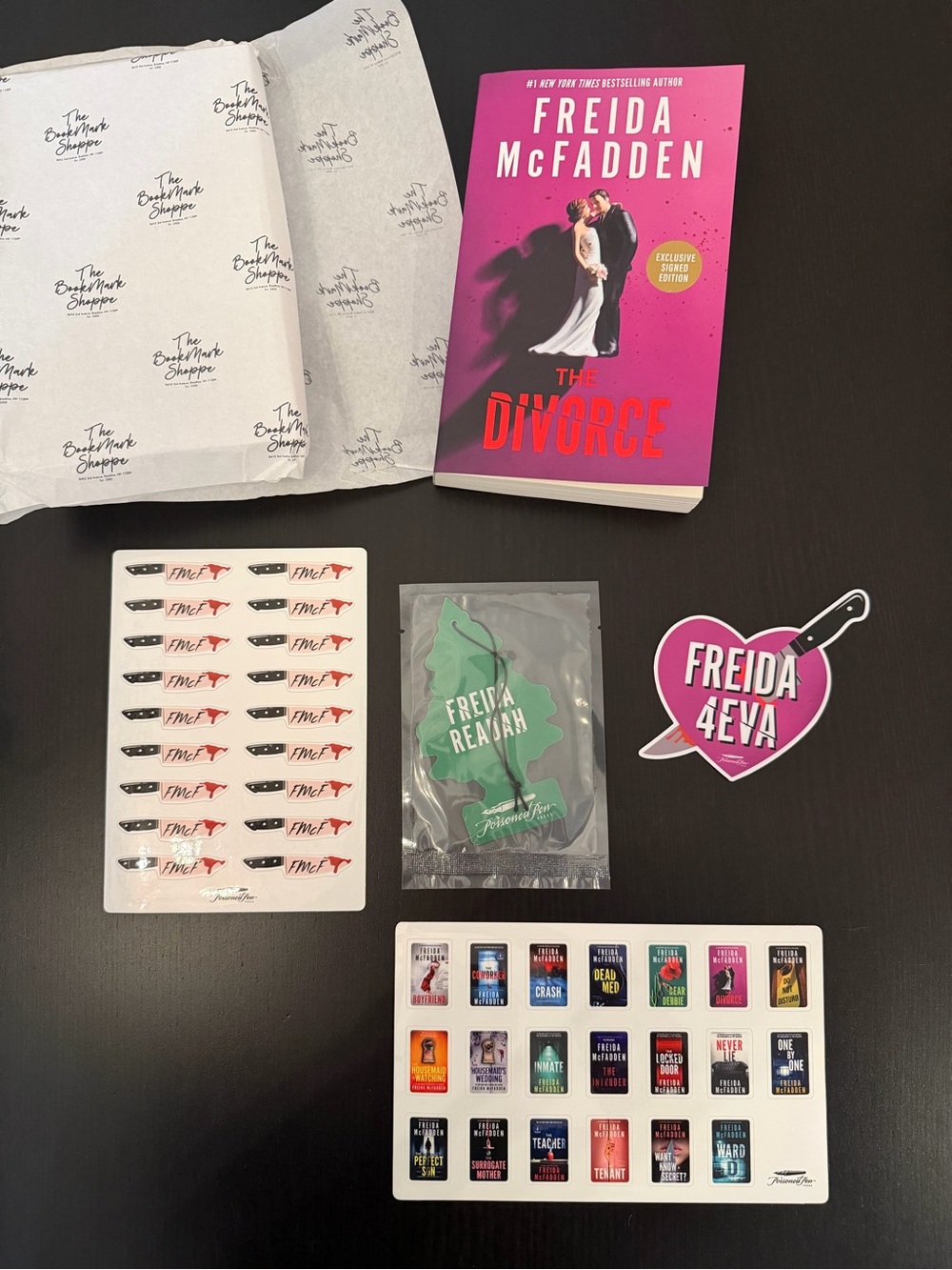 Freida McFadden "The Divorce" SIGNED Book with Stickers & freshener